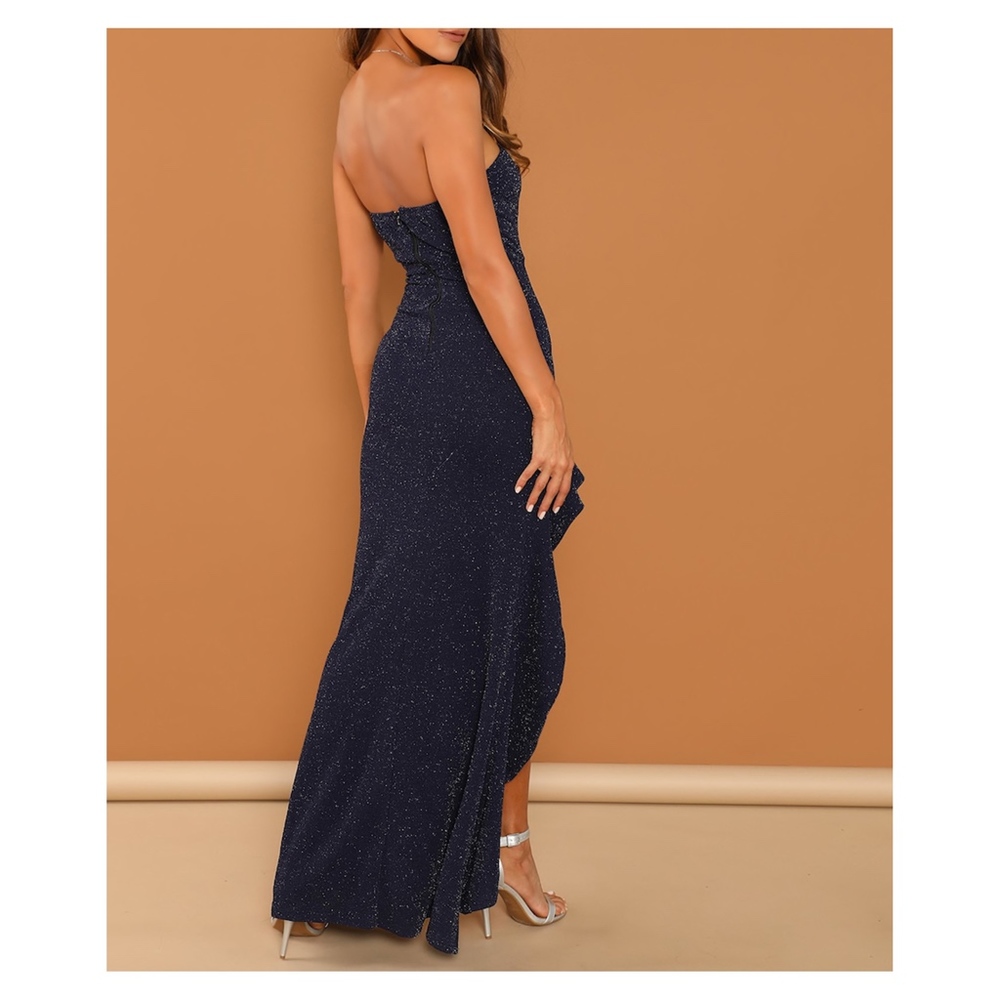 Blue Glitter Bandeau Asymmetrical Ruffle Dress - Picture 3 of 8